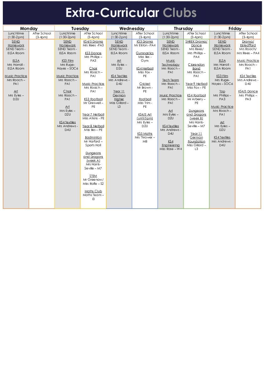 Clarendon extra clubs term 3 and 4